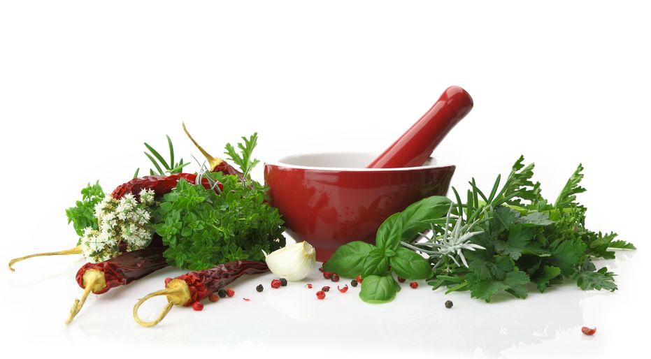 red porcelain mortar and pestle with fresh herbs