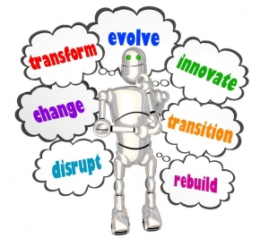 Transform Evolve Change Disrupt Robot Thought Clouds 3d Illustration