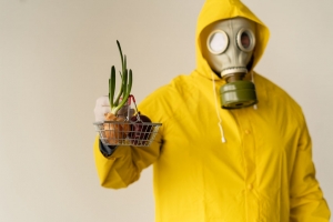 Safe food delivery, a man in a protective suit holds a basket in his hands to buy groceries. Chives. Procurement of goods during a pandemic and coronavirus. quarantine concept worldwide. Covid 19 disease.