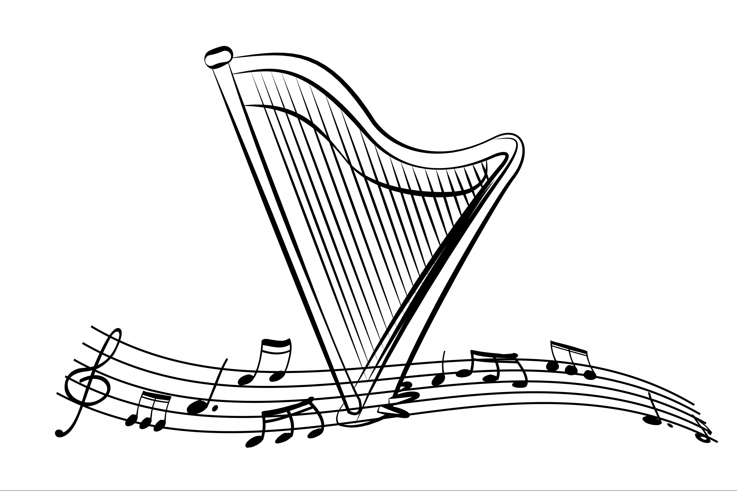 Vector illustration - Black and white - Harp and music clef