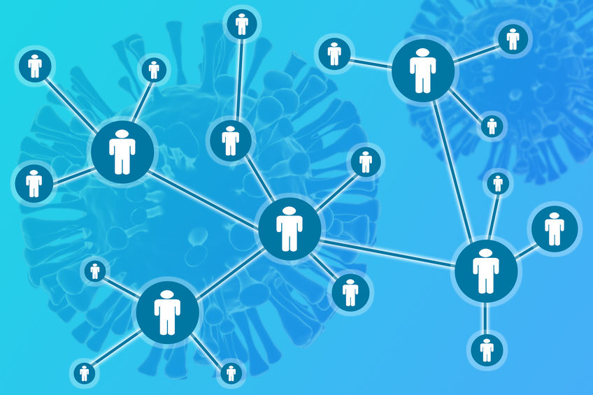 Concept of coronavirus or covid-19 contract tracing showing with network of connected illustrative humans with 3d rendered virus as background