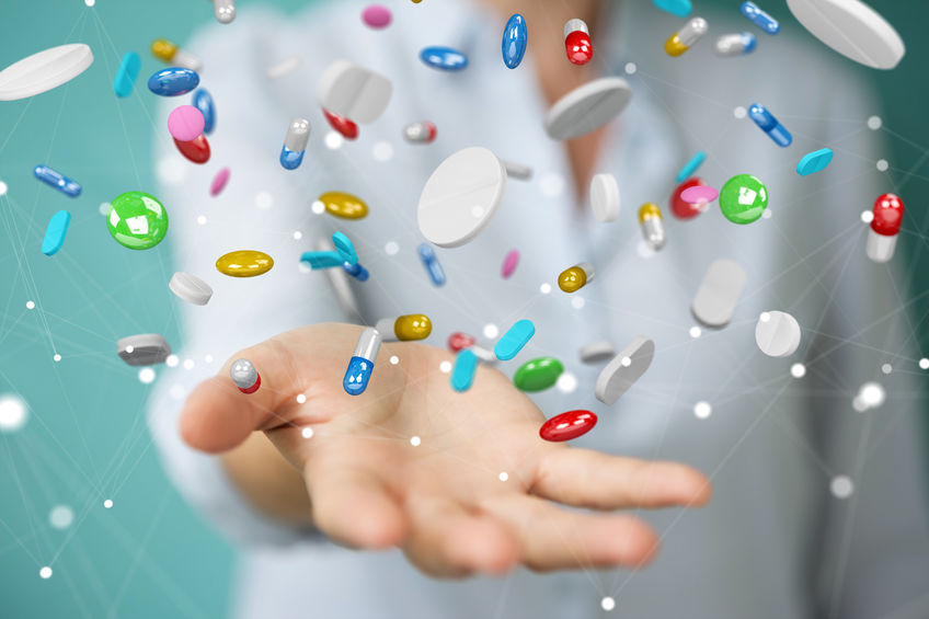 Hospital nurse with floating medically-prescribed pharmaceuticals