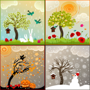 Four seasons set with tree, birdhouse, birds, pumpkin lanterns and snowman