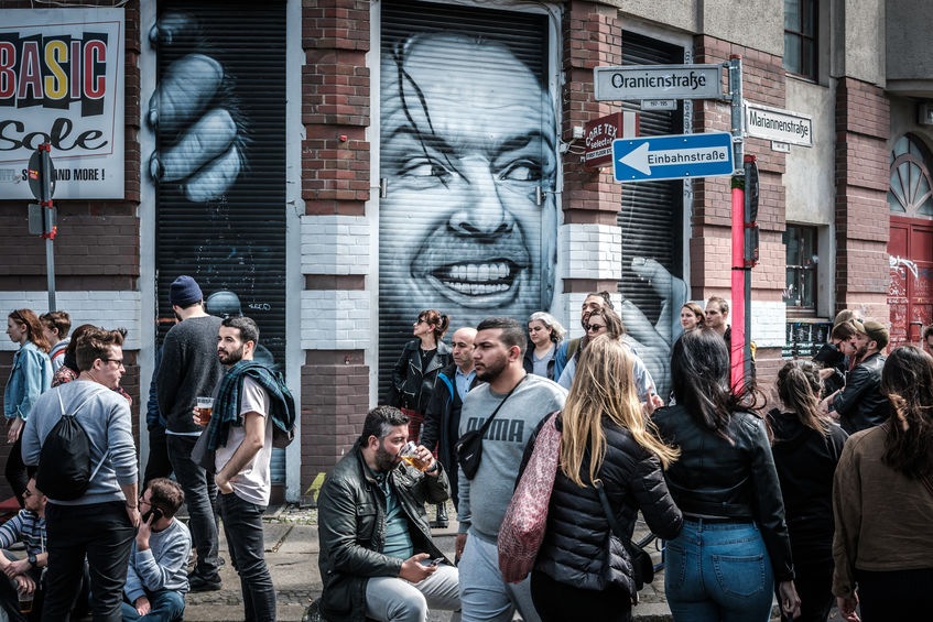 Berlin, Germany - May 01, 2019:Many people on crowded street celebrating labor day in Berlin, Kreuzebreg