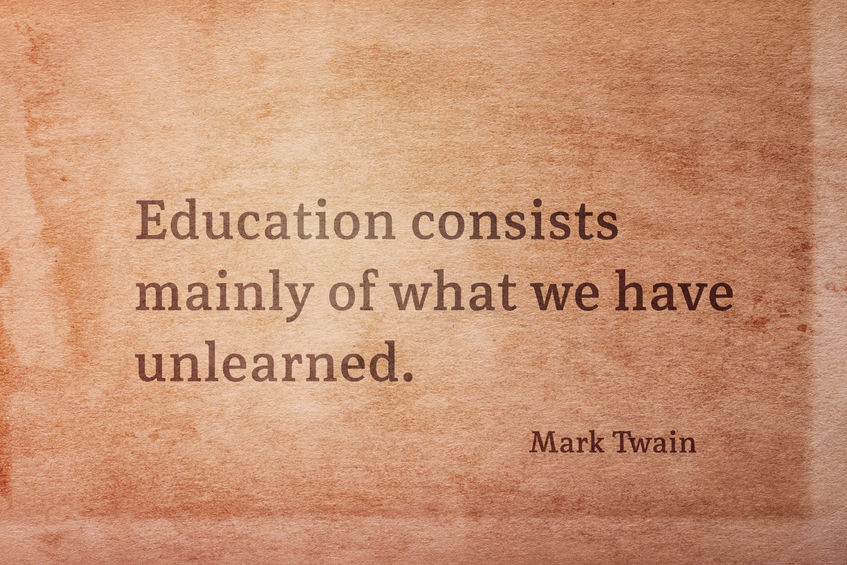 Education consists mainly of what we have unlearned - famous American writer Mark Twain quote printed on vintage paper
