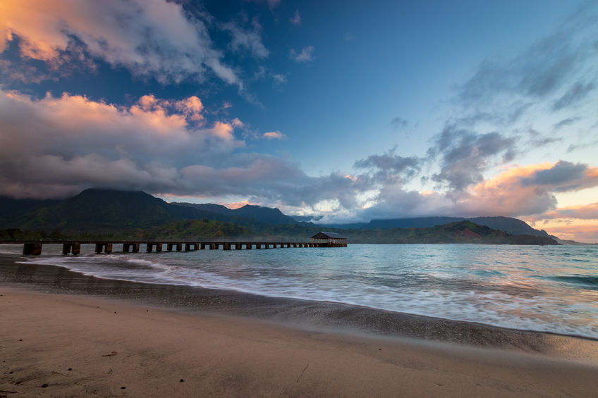 Beautiful early morning at Waioli Beach Park, Hanalei Bay on the Hawaiian island of Kauai, USA