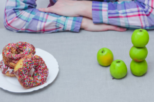 The choice. Two options. The choice between eating. Delema, for a healthy lifestyle or not.