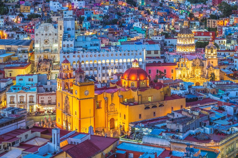 Mexico - Guanajuato City Center at dusk with Basílica Colegiata de Nuestra Señora in foreground