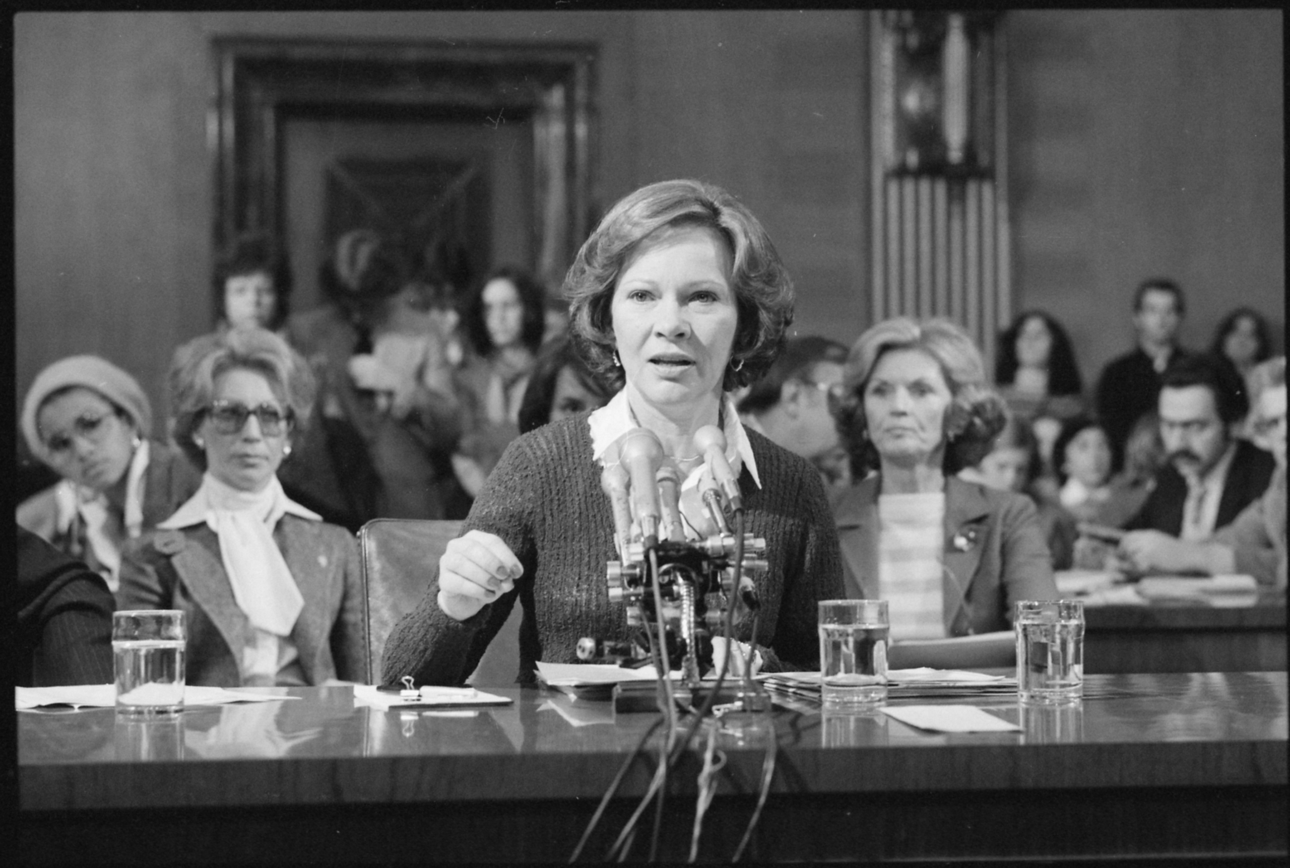 Rosalynn Carter testifying in behalf of caregivers before senate sub-committee in 1973.