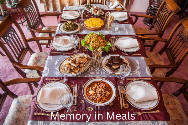 Extended table with Indian dishes for family honoring "Memory in Meals."