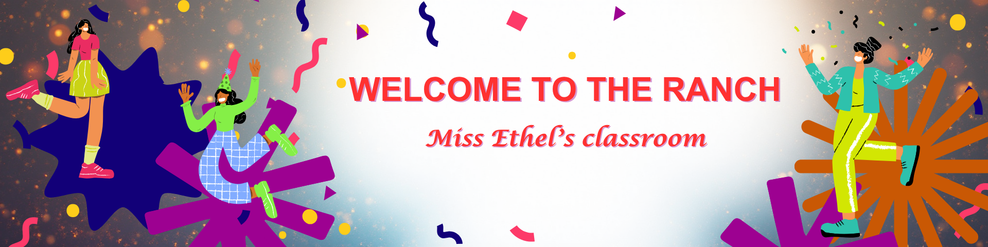 A happy design with retro dancers and a sign "Welcome to the ranch - Miss Ethel's classroom"