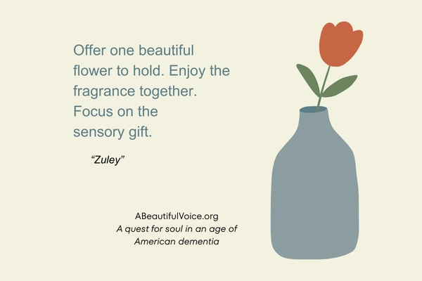 This design shows the simplicity of creating a "mini-Ikebana" arrangment of flowers - an activity which may be enjoyed TOGETHER by a person living with dementia and the care partner.