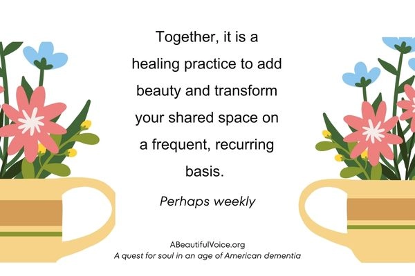 This design shows the simplicity of creating a "mini-Ikebana" arrangment of flowers - an activity which may be enjoyed TOGETHER by a person living with dementia and the care partner.