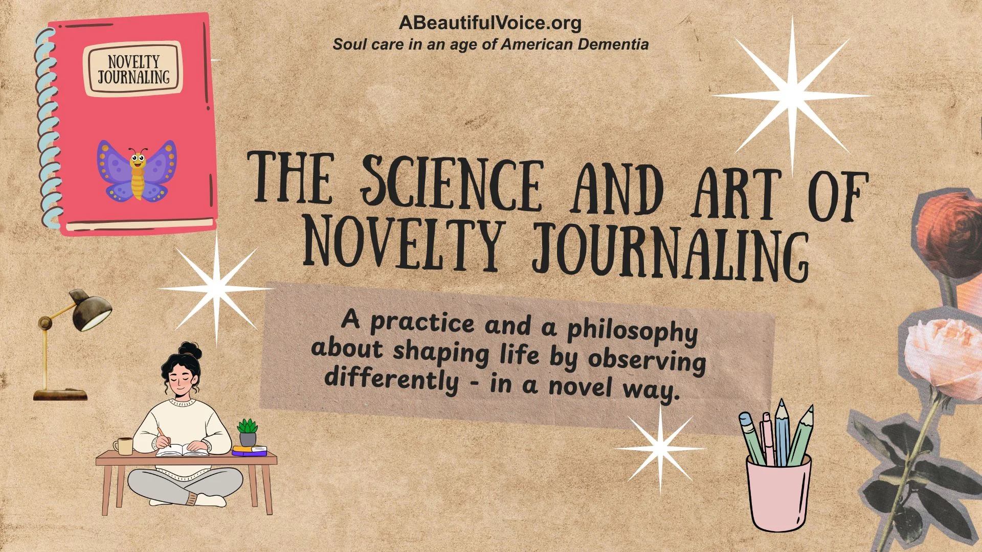 Image describing the science and art of NOVELTY JOURNALING as a practice and a philosophy. Neuroscience tells us our brains are changed when we observe differently - in new and novel ways.