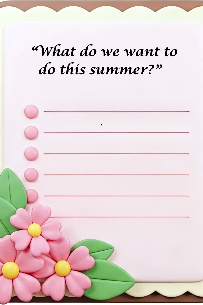 Image of a format used by a dementia caregiver to brainstorm a "Summer Bucket List" with the older adult with dementia for whom she is caring.