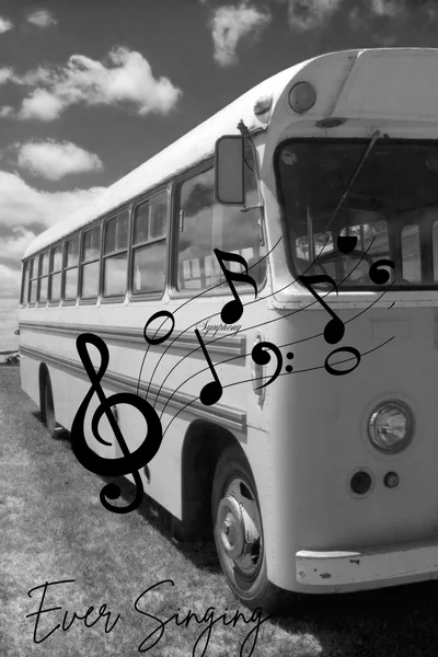 A coach bus with music notes and treble clef to indicate it carried a singing choir