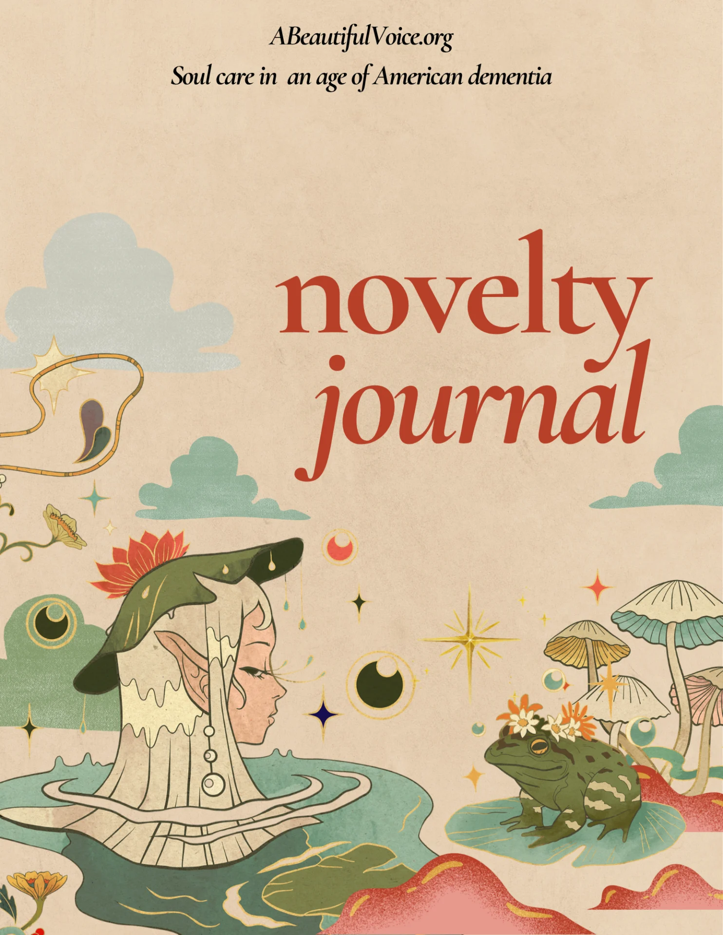 Book cover with the words "Novelty Journal" and a whimsical drawing of a frog and a mermaid with water lily on her head looking at each other.