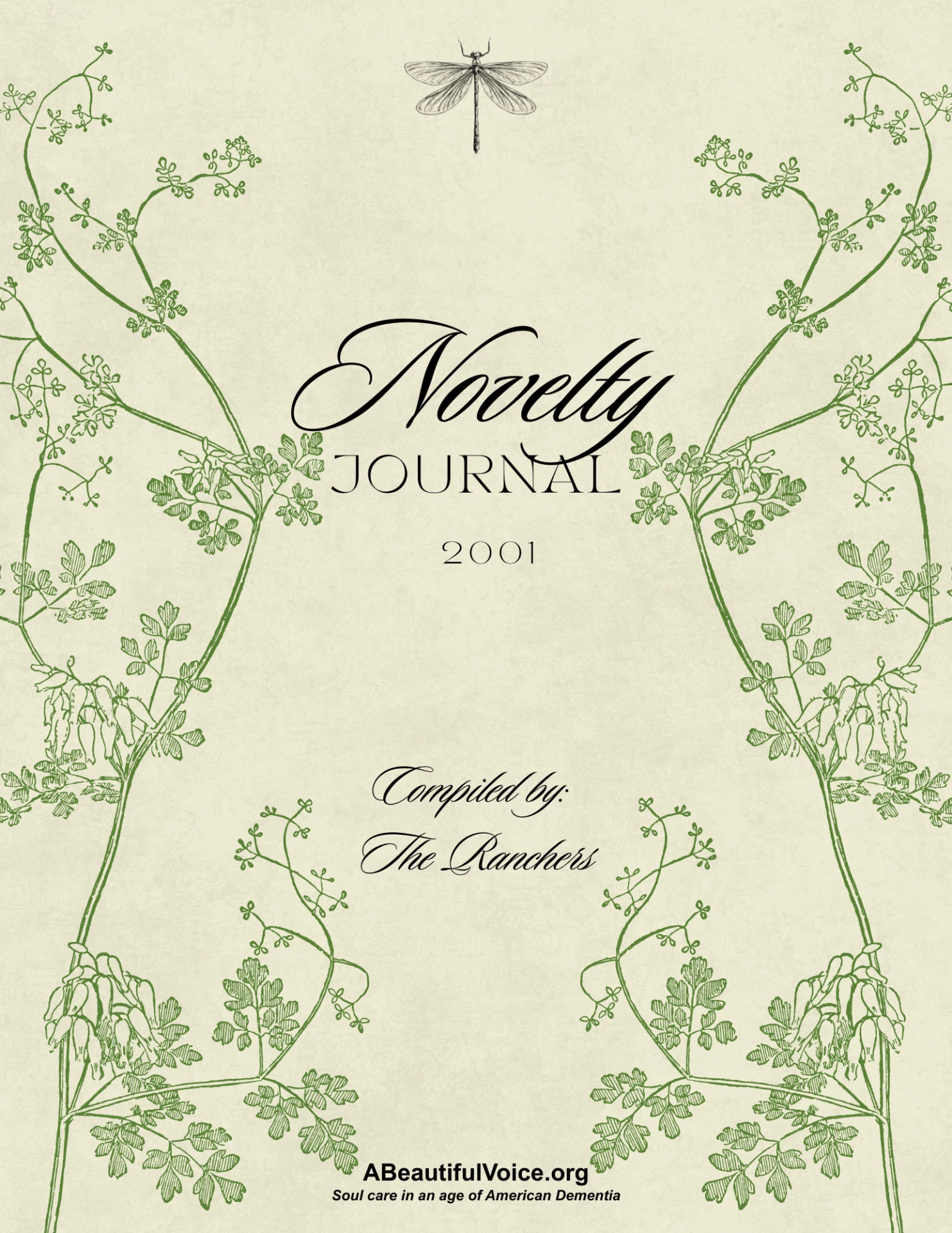 Cover of a NOVELTY JOURNAL to record novel activities completed each day with people living with dementia. Keeping a beautiful journal inspires novel ideas for the following day. Reading the daily entries elicits memories of colorful events of the past.