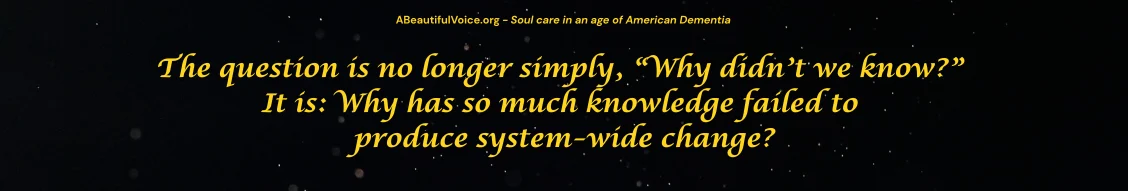 Gold text on black background asks, "Why has so much knowledge failed to produce system-wide change?"