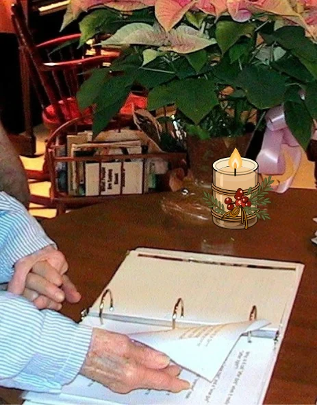 A photo at bedime shows my mother is holding Dad's hand with her left hand while she turns the pages of the Joke Book with her right hand. She always had a great sense of humor! Her laughter was contagious and continued to be part of our household milieu following her Alzheimer's diagnosis.