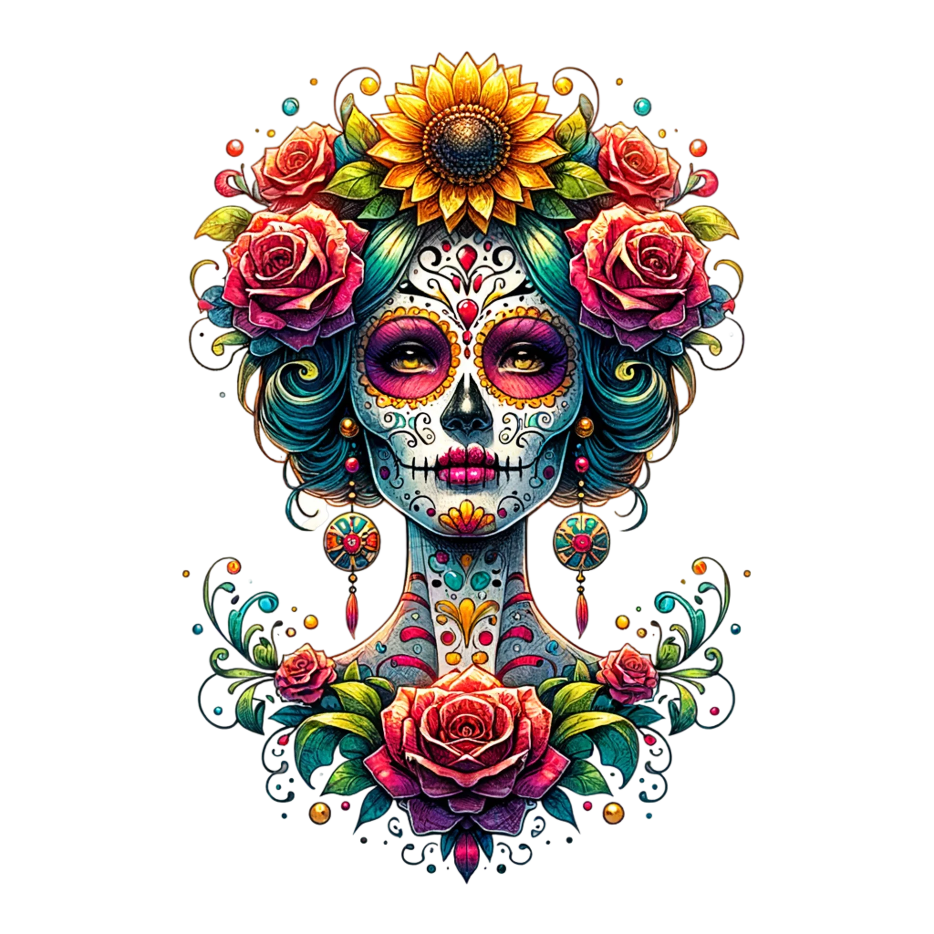 Colorful Catrina covered with beautiful flowers and prepared for Day of the Dead in Mexico.